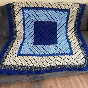 Vintage Hand Made‎ Crochet Granny Square Afghan Throw Blanket 45”x45” Blues Tan